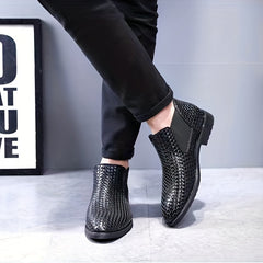 Men's Woven Effect PU Leather Chelsea Boots Slip on Shoes