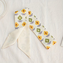 Beige Flower Print Skinny Scarf Long Ribbon Neckerchief