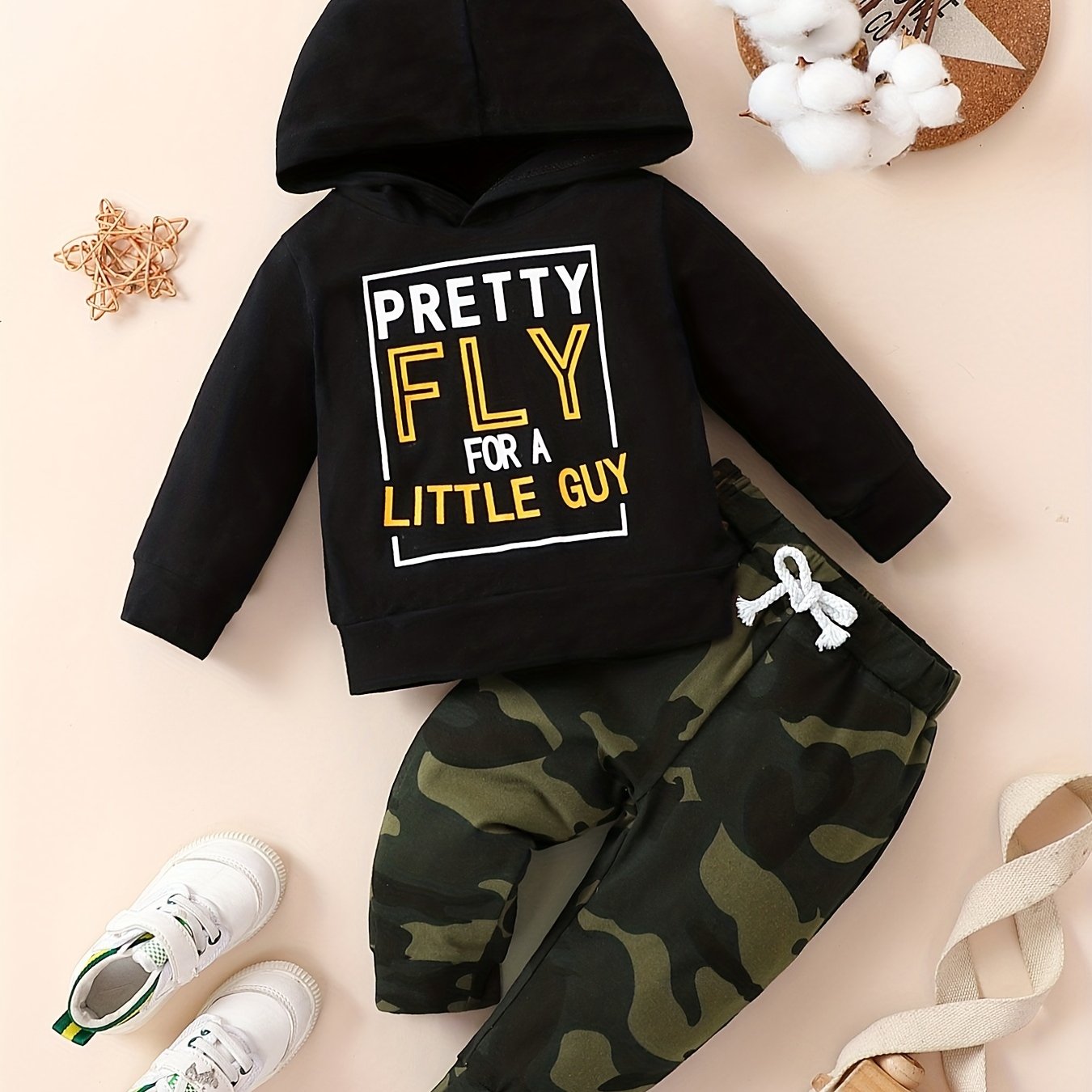 Toddler Baby Boys Pretty Fly Print Hoodie & Camo Pants Outfit