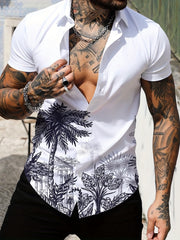 Coconut Tree Print Hawaiian Shirt - Men's Casual Short Sleeve Shirt