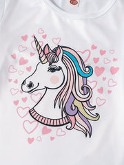 Unicorn Cartoon Long Sleeve Top & Heart Graphic Pants Pj Set