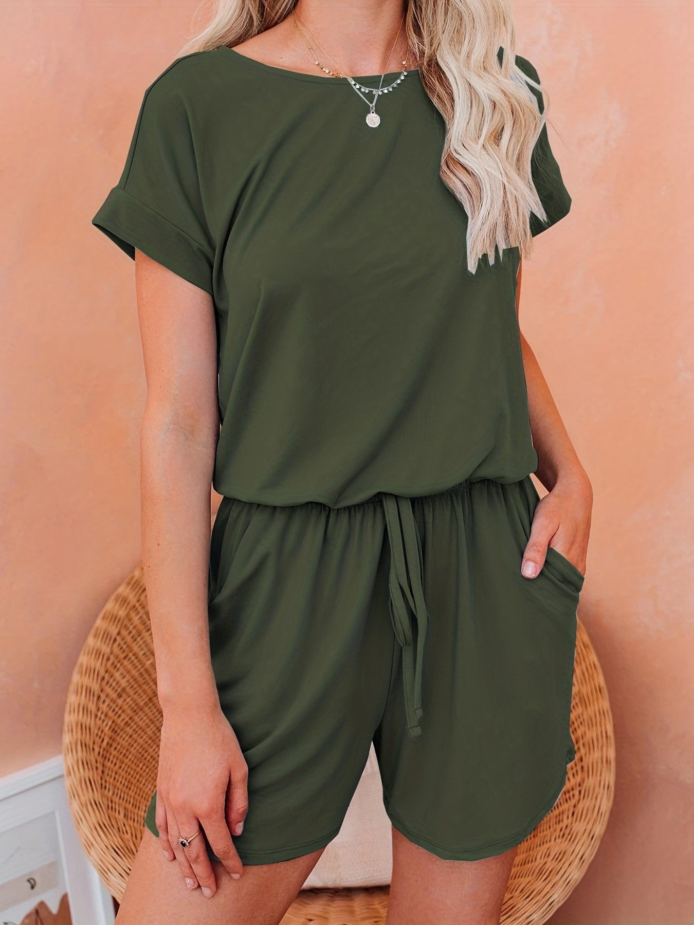 Drawstring Waist Romper Jumpsuit Short Sleeve Casual