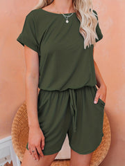 Drawstring Waist Romper Jumpsuit Short Sleeve Casual