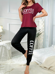 Letter Print Pajamas Set Short Sleeve Crew Neck Top & Pants