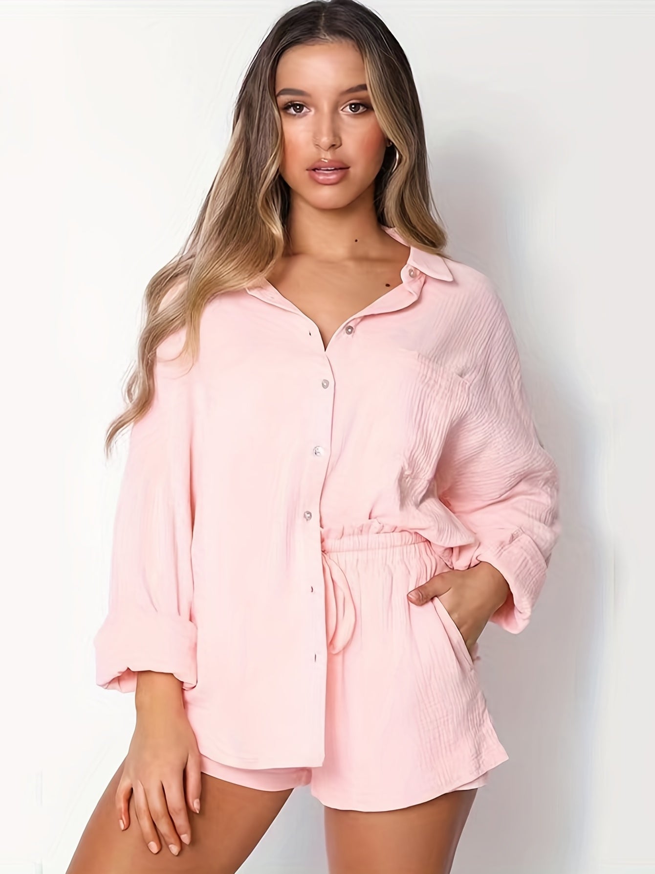 Solid Two Piece Shorts Set Button Front Shirt & Drawstring Shorts
