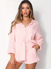 Solid Two Piece Shorts Set Button Front Shirt & Drawstring Shorts
