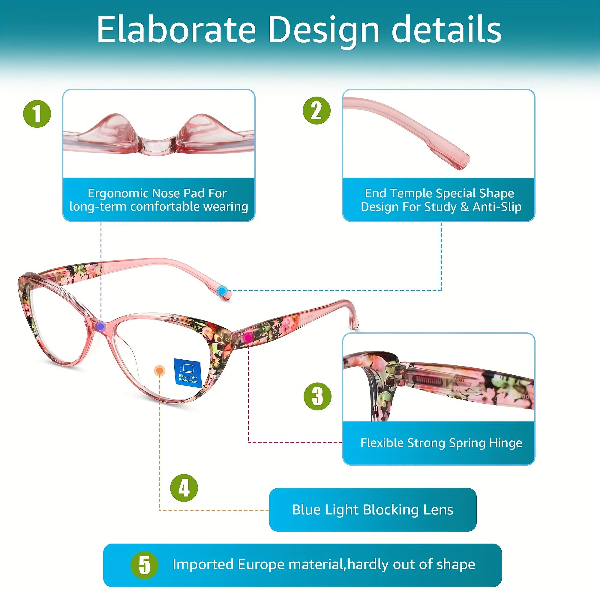 Floral Cat Eye Reading Glasses for Women Light Blocking Anti Eye Strain Glare