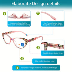 Floral Cat Eye Reading Glasses for Women Light Blocking Anti Eye Strain Glare
