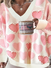 Heart Print V Neck Sweater with Faux Pearl Decor