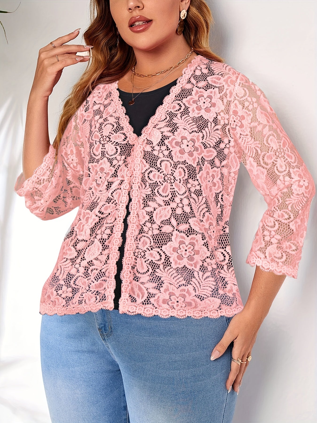 Women's Plus Floral Jacquard Crochet Long Sleeve Cardigan