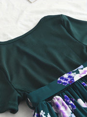 Floral Print Belted Dress Short Sleeve Round Neck A Line Flared Dresses