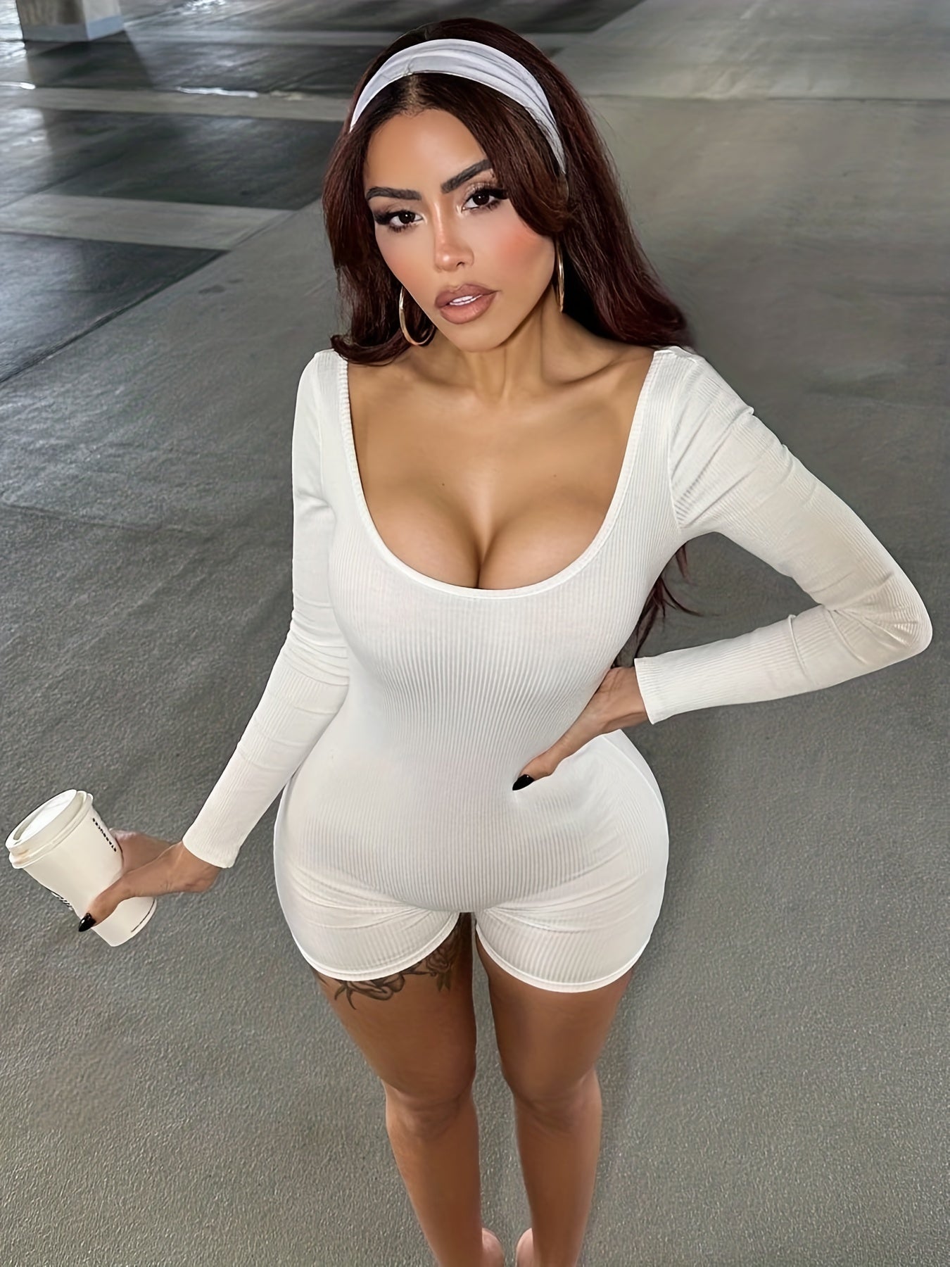 Ribbed Slim Romper Jumpsuit Long Sleeve Crew Neck Women's Clothing
