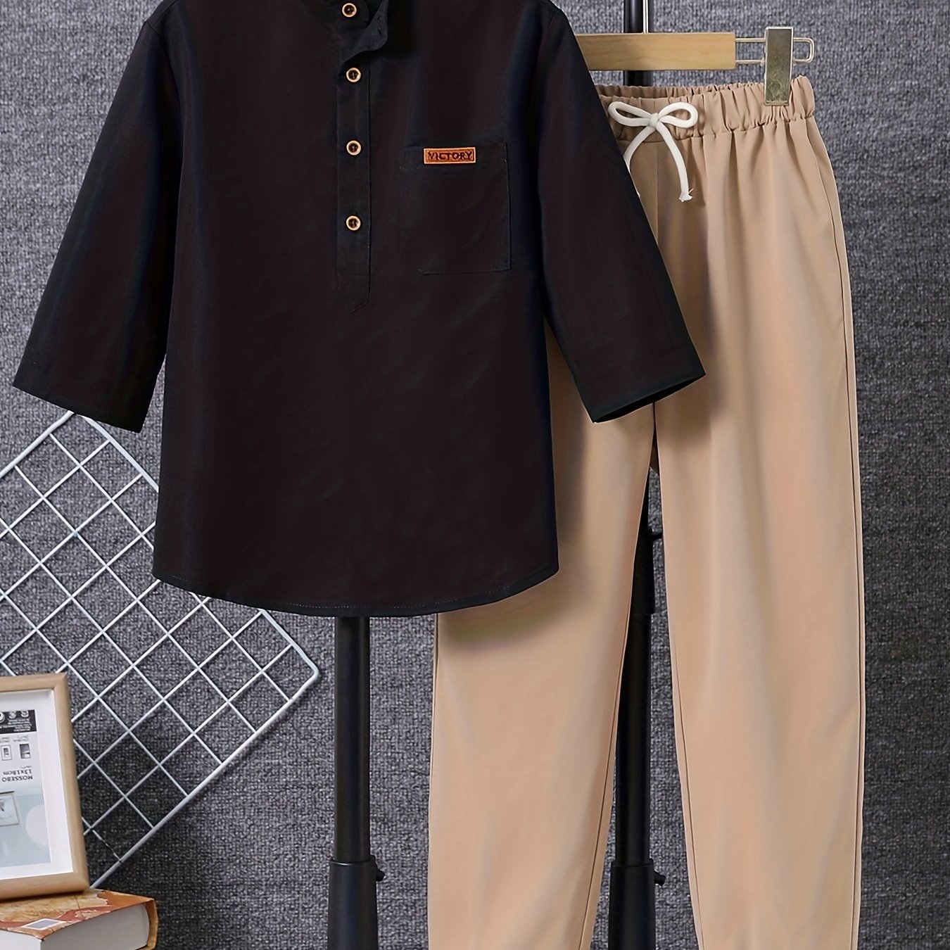 Boy's 2pcs Button Front Shirt & Pants Set Solid Casual Outfits Kids Clothes