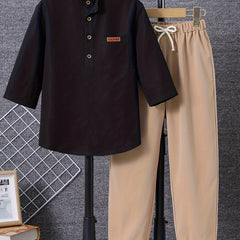 Boy's 2pcs Button Front Shirt & Pants Set Solid Casual Outfits Kids Clothes