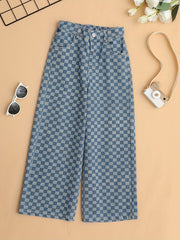 Kid Girls Plaid Elastic High Waist Jeans Straight Wide Leg Loose Denim Pants