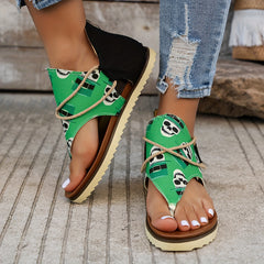 Women's Skull Pattern Thong Sandals Back Zipper Open Toe Retro Roman Flip flops