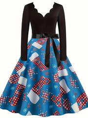 Colorblock Print V Neck Floral Trim Dress