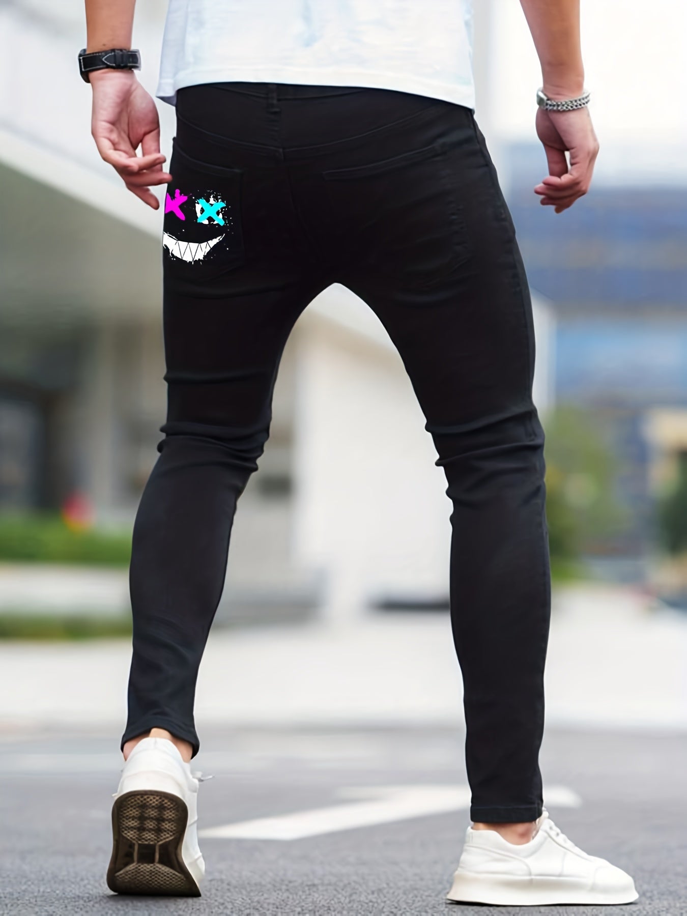 Slim Fit Grimace Print Jeans Mens Casual Stretch Street Style Denim Pants