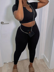 Short Sleeve Crop Top & Pants Outfits Set