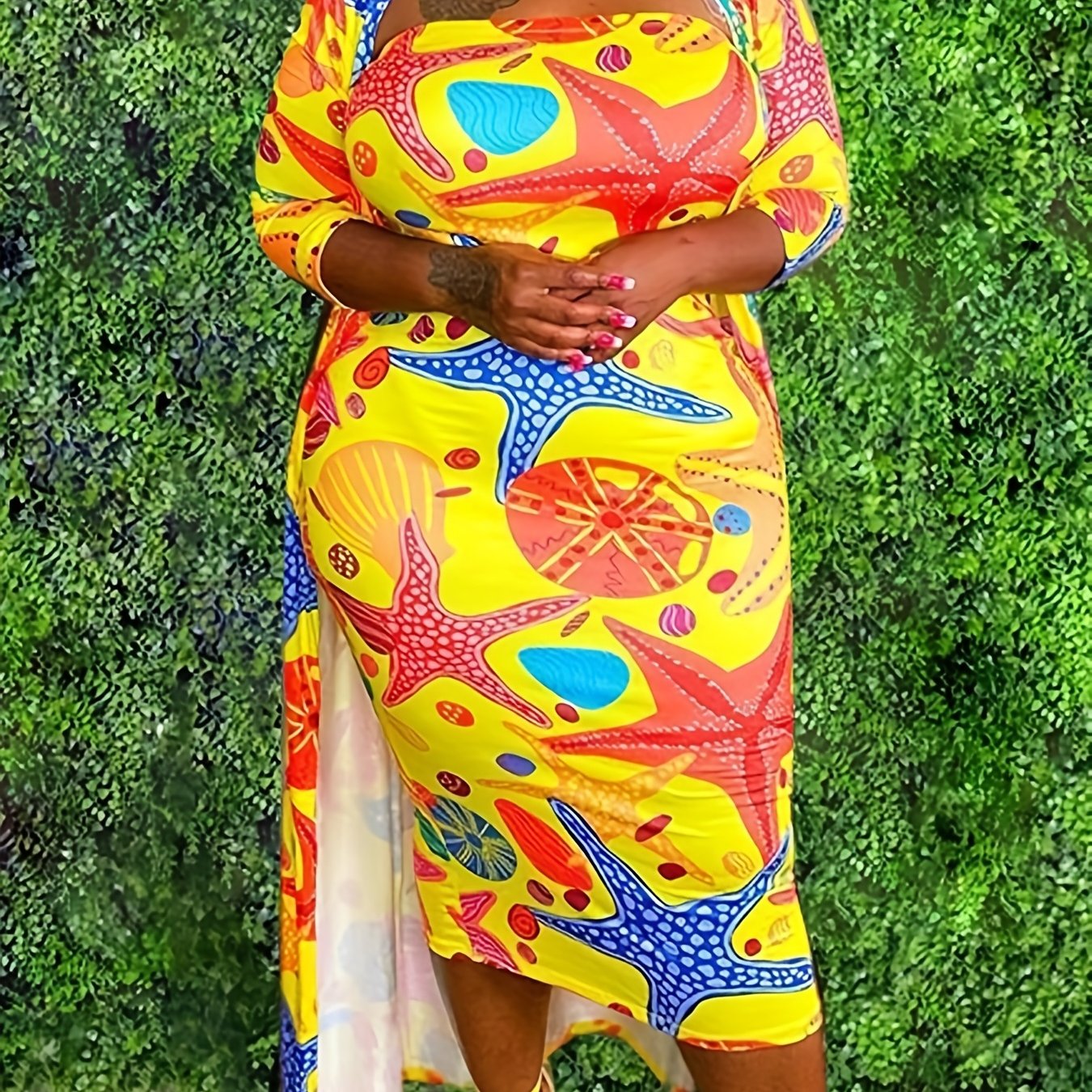 Graphic Print Tube Dress & Cardigan Set