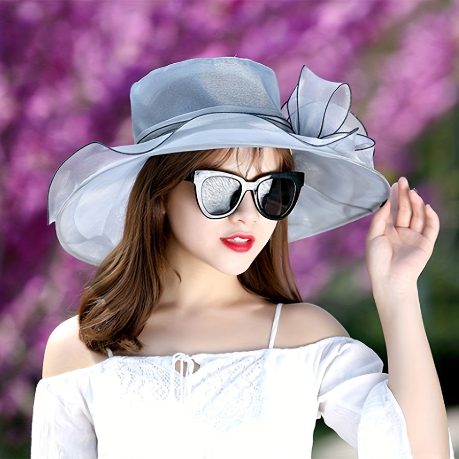 Gray Organza Flower Derby Hat Mesh Sun Hat Women Travel Beach Wedding Bridal Chu