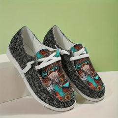 Women's Retro Bull & Floral Print Skate Shoes Lightweight Low Top