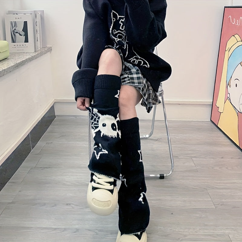 Skull & Star Print Leg Warmers Y2K Knee High Socks Women's Stockings