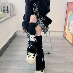 Skull & Star Print Leg Warmers Y2K Knee High Socks Women's Stockings
