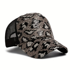 Sequins Leopard Trucker Hat Hip Hop Baseball Cap Mesh Adjustable Dad Hats