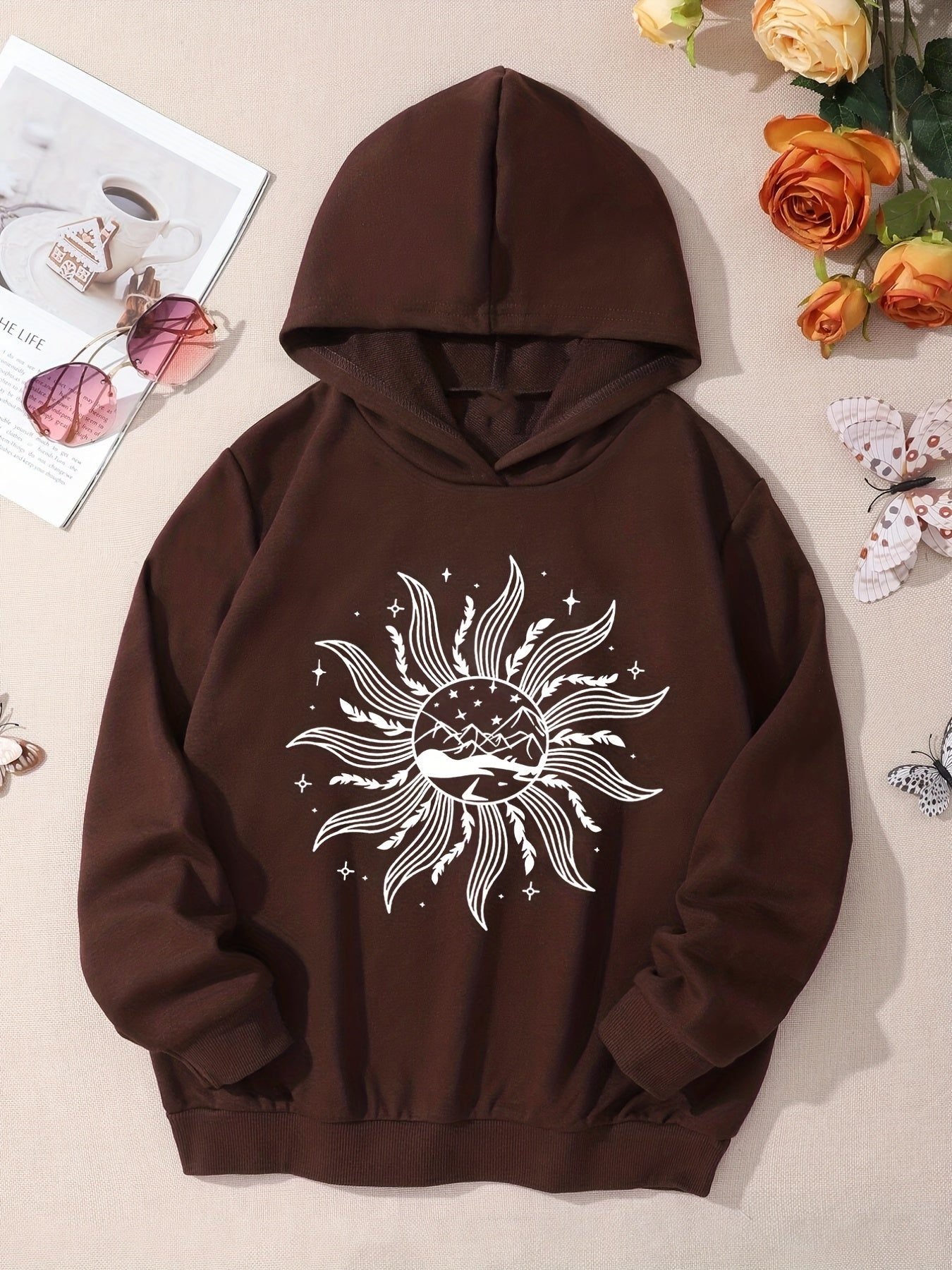 Kid Teen Girls' Vintage Sun Hooded Sweatshirt Top