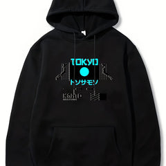 Japanese Tokyo Print Men's Round Neck Hooded Sweatshirt for Autumn Winter