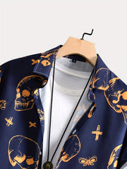 Men's Cross & Skull Print Camp Collar Bowling Shirt Short Sleeve