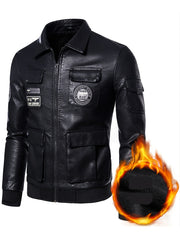 Embroidery Pocket PU Jacket Men's Casual Zip Up Faux Leather Jacket