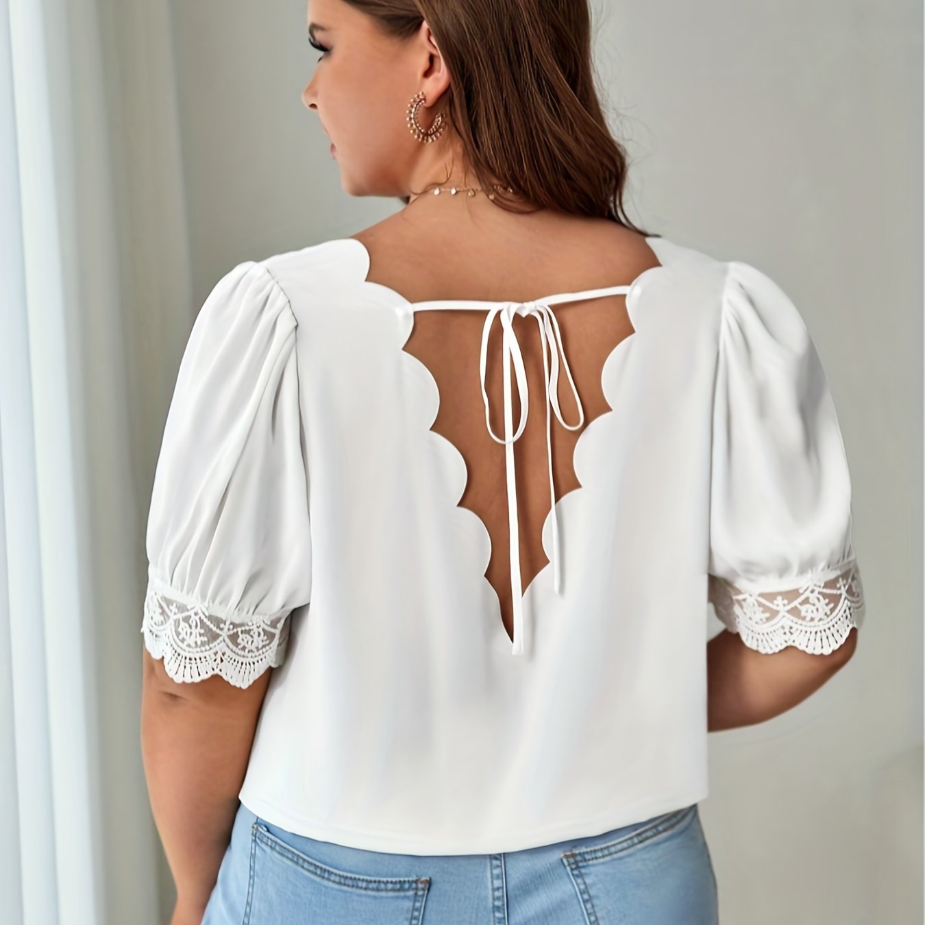 Plus Size Lace Trim Puff Sleeve V Neck Top