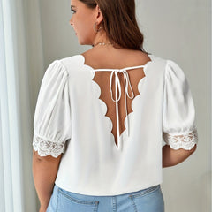 Plus Size Lace Trim Puff Sleeve V Neck Top