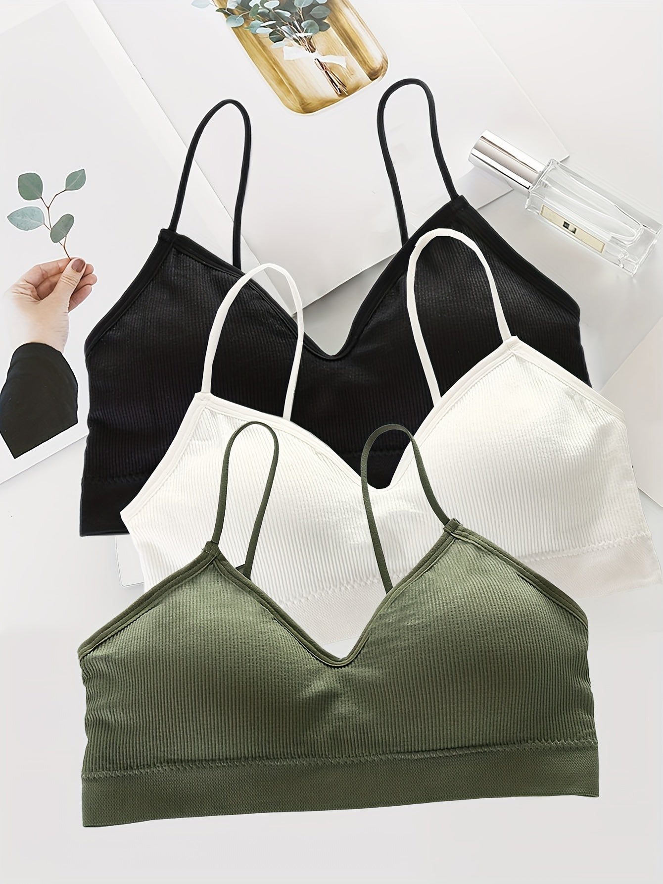 3pcs Solid Ribbed Cami Tops V Neck Comfy Women's Lingerie