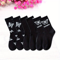 6 Pairs Butterfly Print Mid Tube Socks for Women