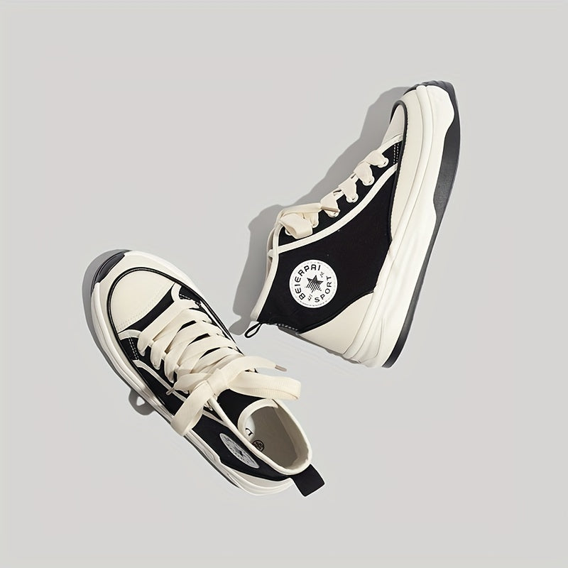 Colorblock Lace Up Canvas Shoes High Round Toe Non Slip Skate Shoes
