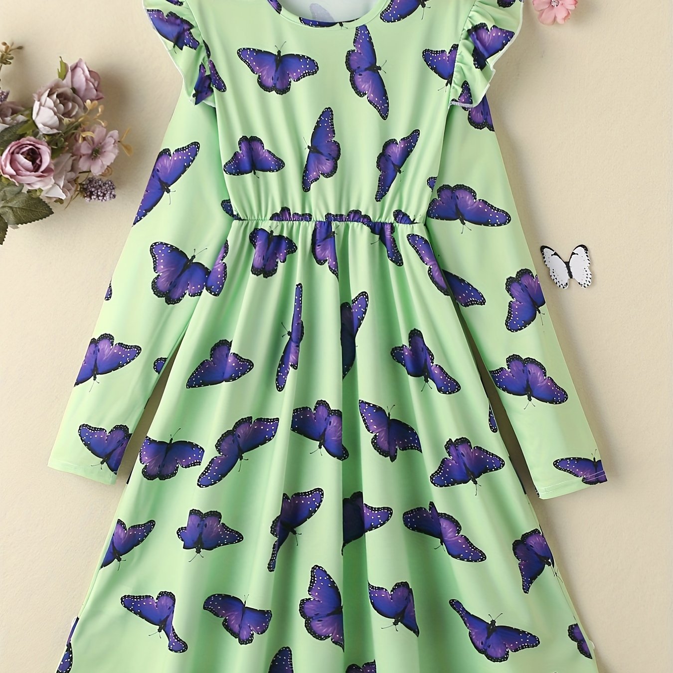Girls Butterfly Print Ruffle Princess Dress Long Sleeve Holiday Party Outfit