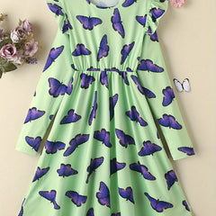 Girls Butterfly Print Ruffle Princess Dress Long Sleeve Holiday Party Outfit