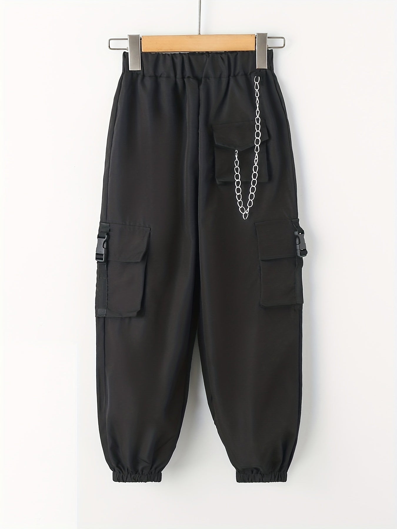Girls Cargo Pants with Buckle Tape Chain Detail