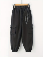 Girls Cargo Pants with Buckle Tape Chain Detail