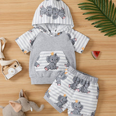 2pcs Baby Boys Elephant Print Hoodie & Shorts Set