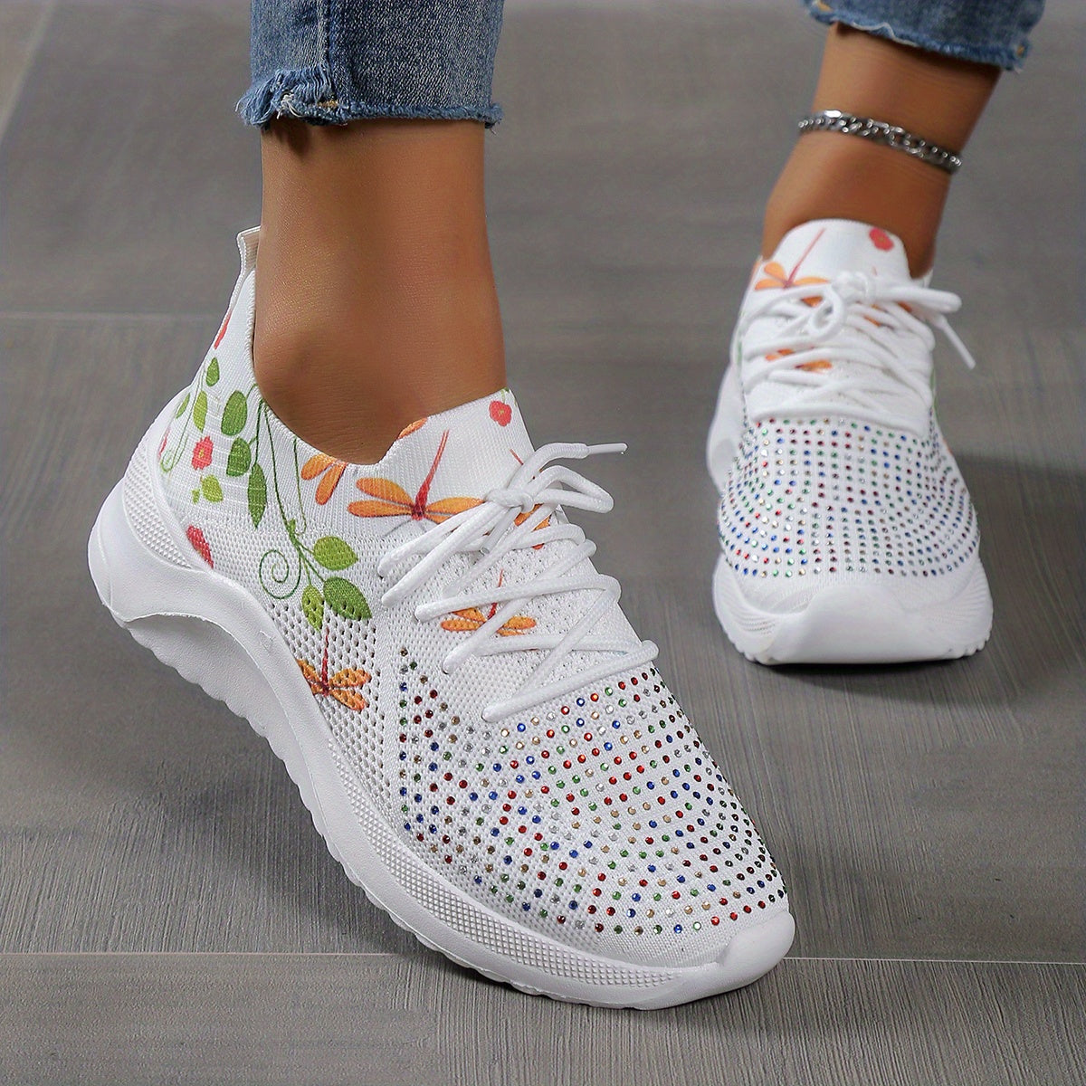 Rhinestone & Leaf Print Lace Up Sneakers Lightweight Sock Outdoor Shoes