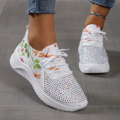 Rhinestone & Leaf Print Lace Up Sneakers Lightweight Sock Outdoor Shoes
