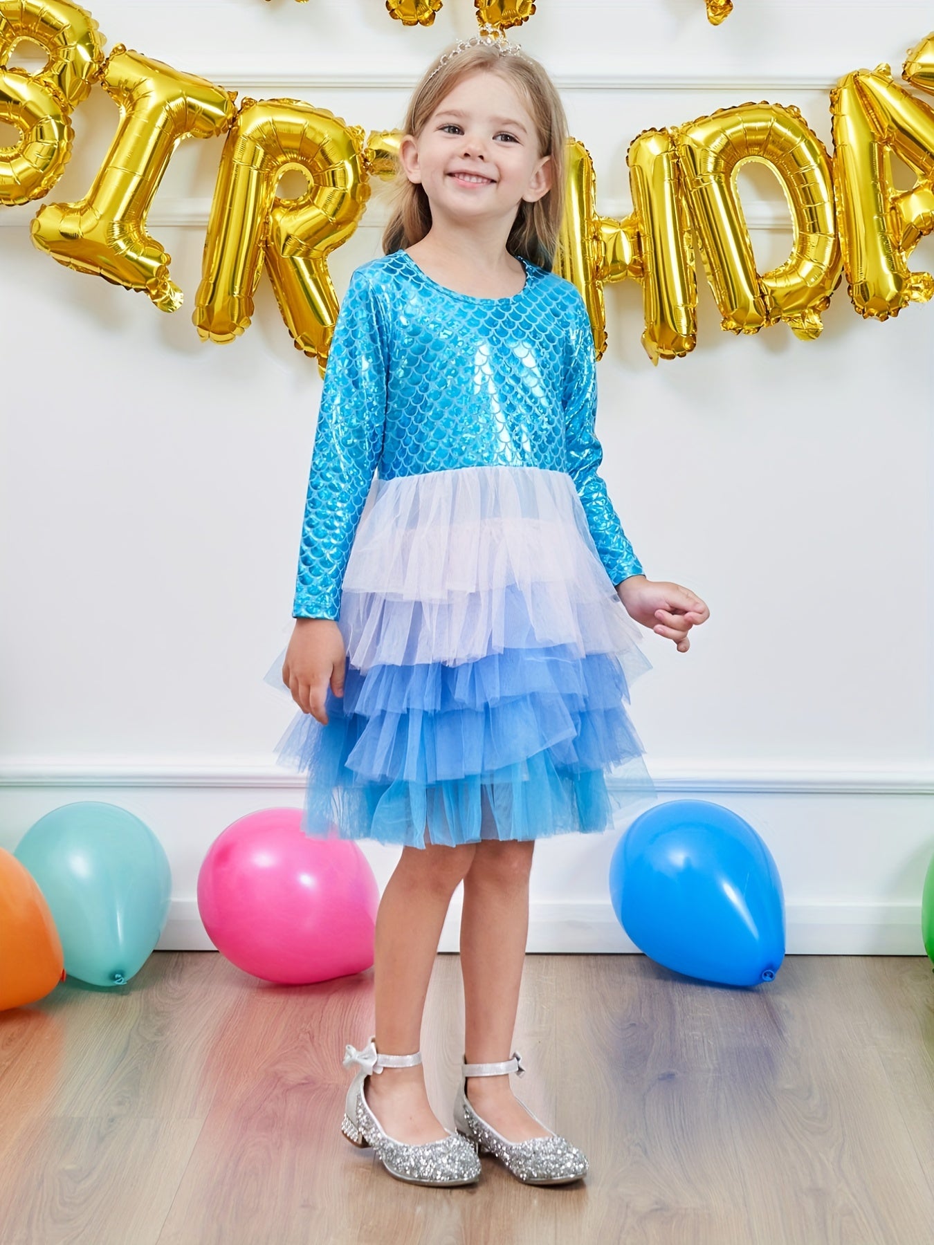 Girls Mermaid Mesh Stitching Long Sleeve Dress for Halloween Party