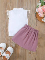 Girls Ruffled Flower Embroidery Sleeveless Top & Skirt Set