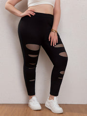 Casual Leggings Women's Plus Solid Cut Out Contrast Mesh High Rise Leg