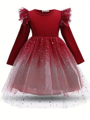 Girls' Starry Sky Princess Dress Long Sleeve Fairy Dress Christmas Tutu