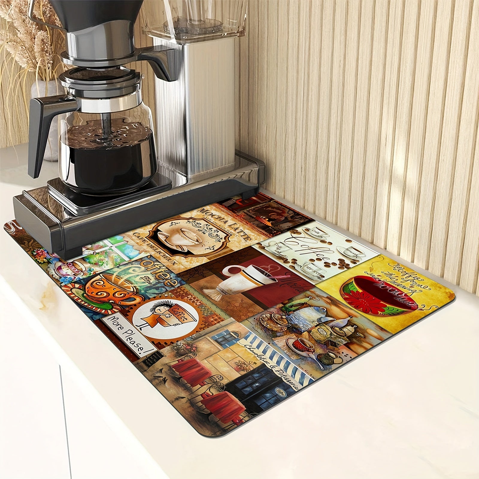 Coffee Printed Dish Drying Mat Soft Rubber Non Slip Absorbent Wear resistant